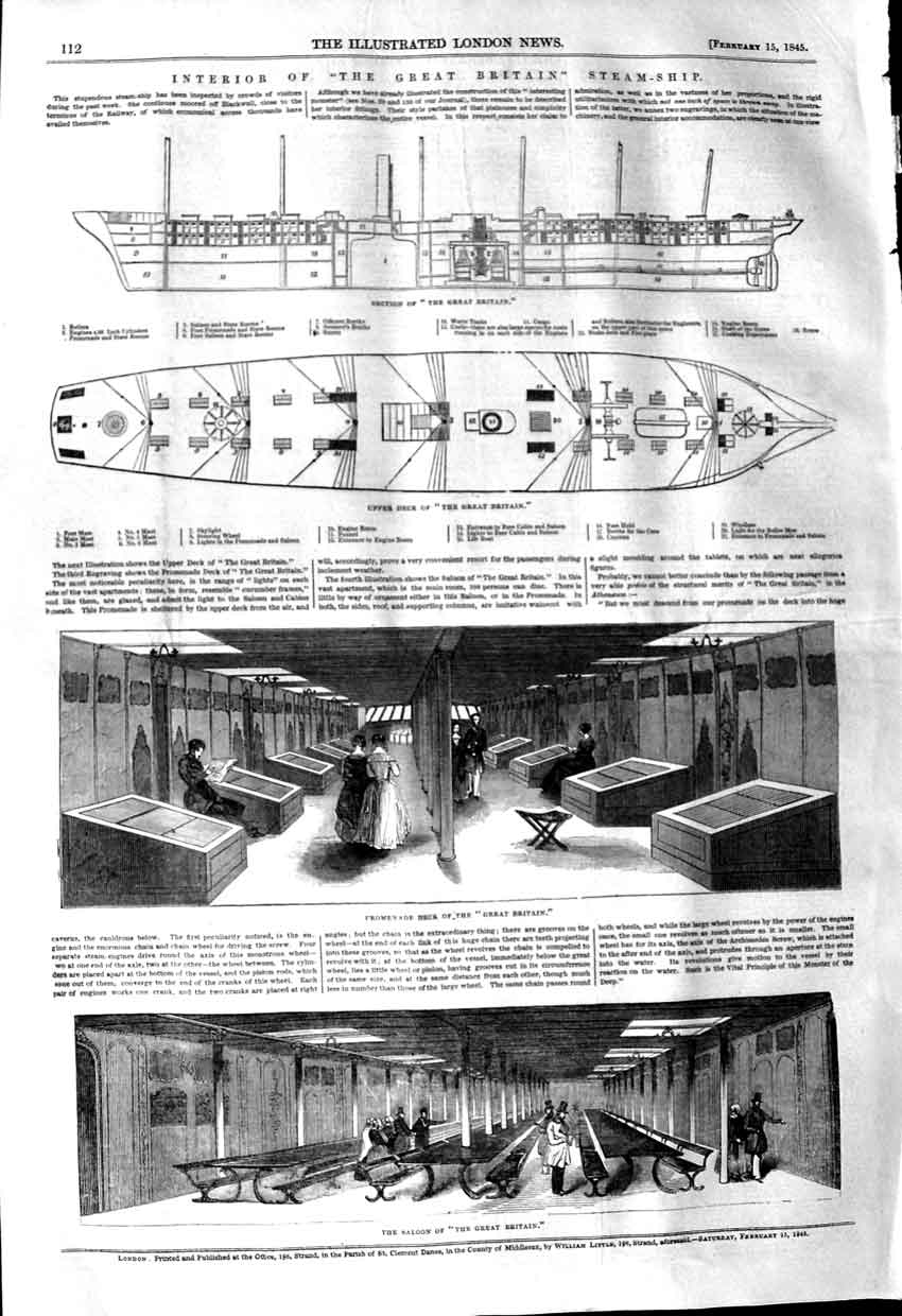Original Old Antique Print 1845 Great Britain Steam Ship Saloon Promenade Deck