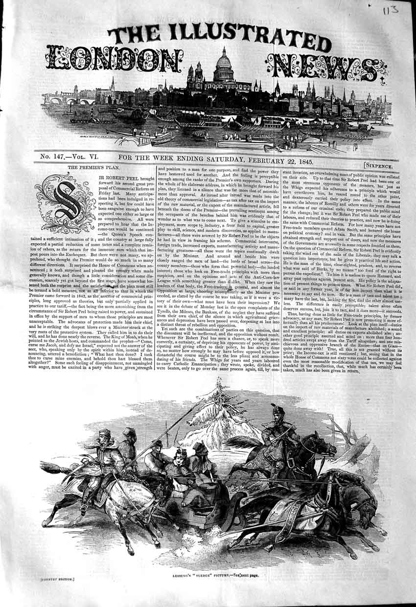 Original Old Antique Print 1845 Lessing'S Sledge Horses Men U 19th