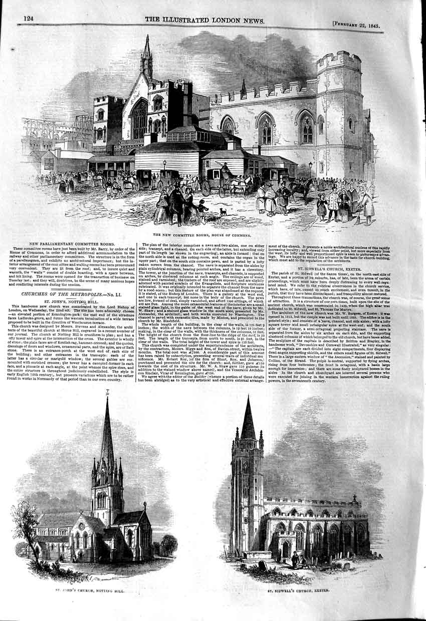 Original Old Antique Print 1845 Committee Rooms House Commons Church Exeter