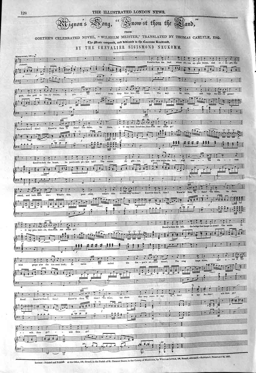 Old Antique Print 1845 Sheet Music Mignon'S Song Wilhelm Meister Neukomm 19th