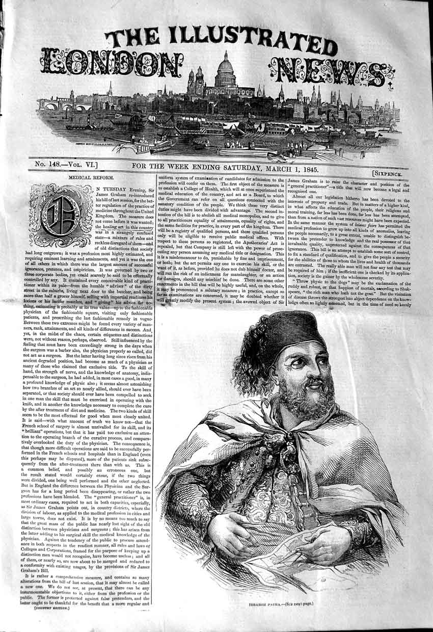 Original Old Antique Print 1845 Portrait Ibrahim Pacha Egypt 19th