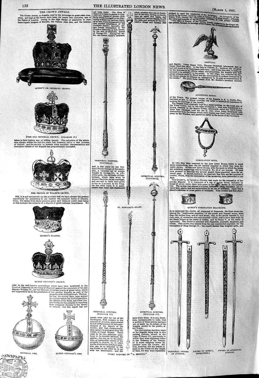 Original Old Antique Print 1845 Crown Jewels Crown Orb Sceptre Edward Sta 19th