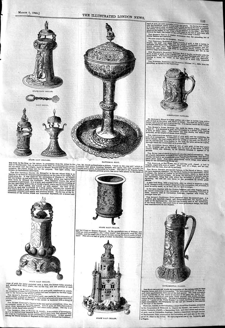 Original Old Antique Print 1845 State Salt Cellar Baptismal Font Tankard Flagon