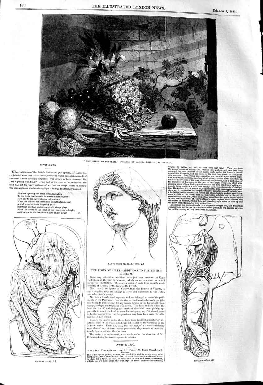 Original Old Antique Print 1845 Parthenon Marble Elgin Marbles Victory Sunbeam