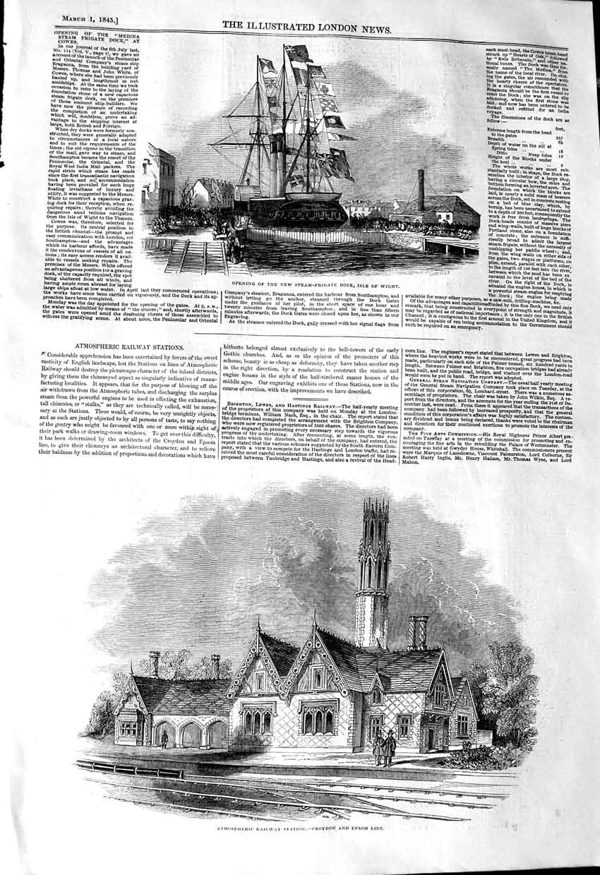 Original Old Antique Print 1845 Steam Frigate Dock Isle Wight Atmospheric 19th