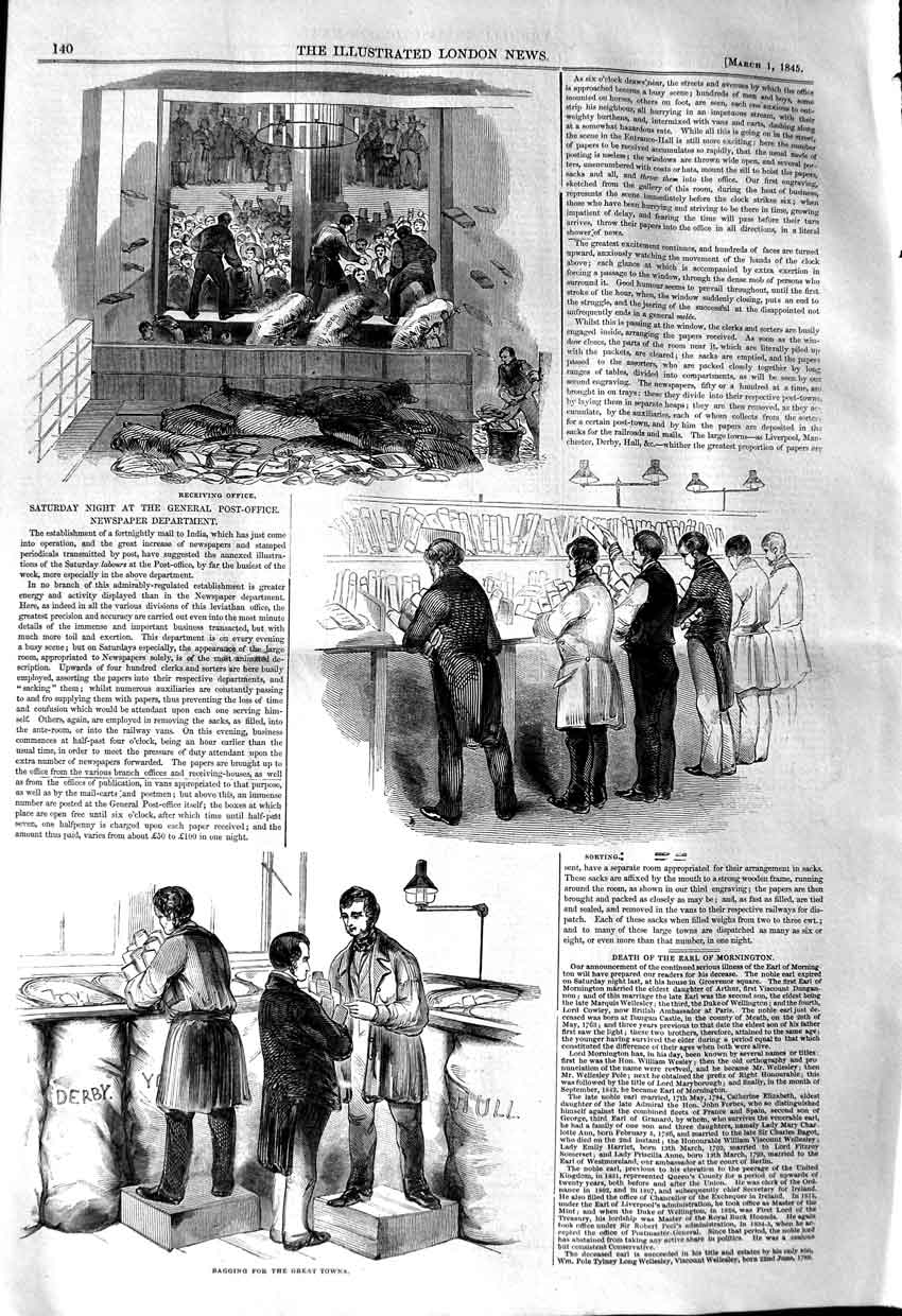 Original Old Antique Print 1845 General Post Office Bagging Receiving Victorian