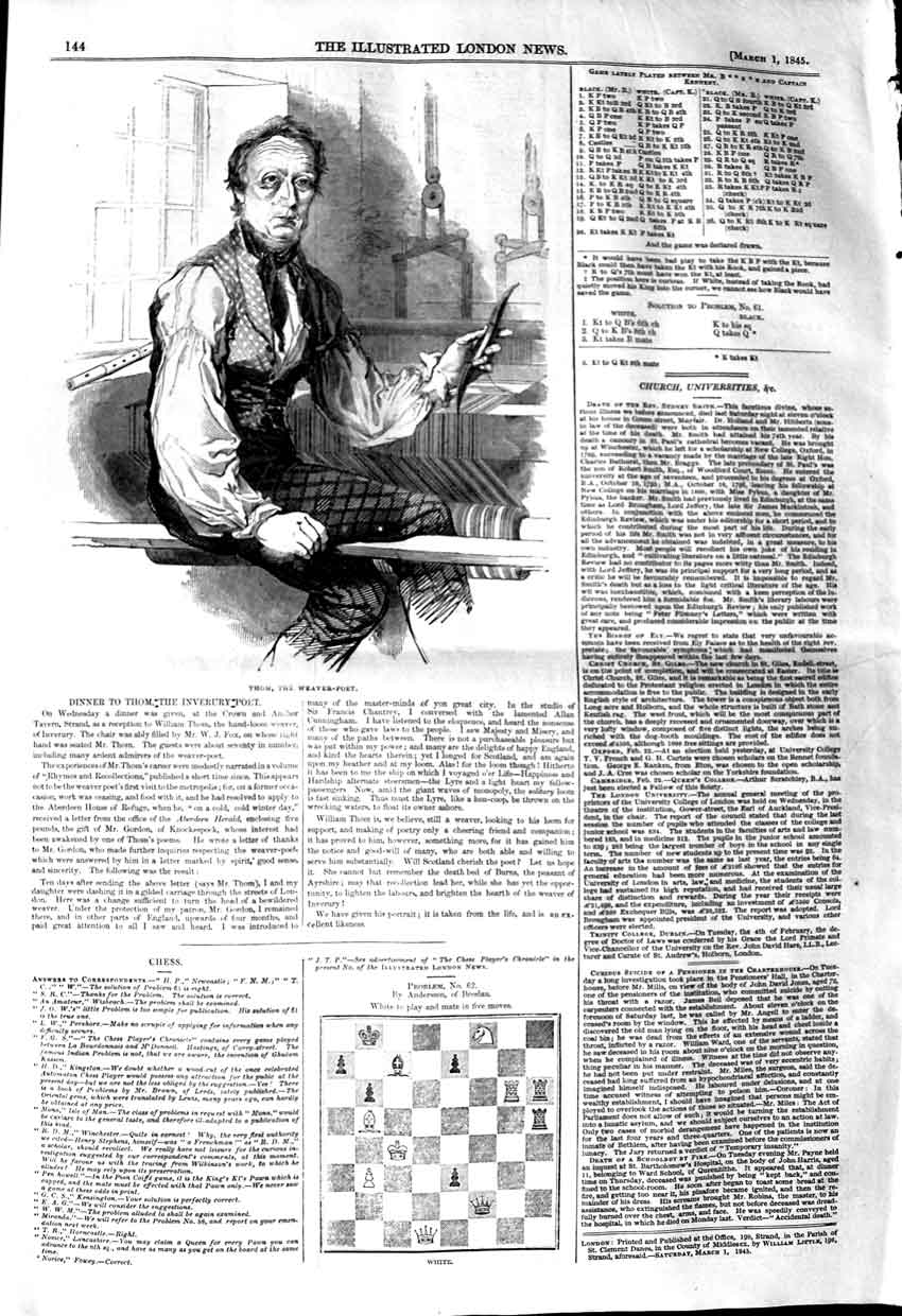 Original Old Antique Print 1845 Portrait Thom Weaver Inverury Poet Victorian