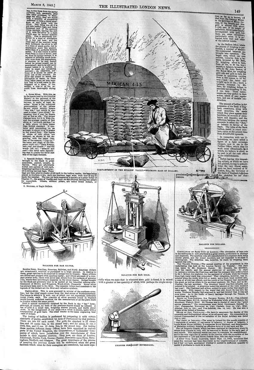 Original Old Antique Print 1845 Bullion Vault Bags Dollars Balance Sover 19th