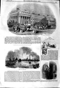 Original Old Antique Print 1845 Offices Board Whitehall Fire Greenwich Ships