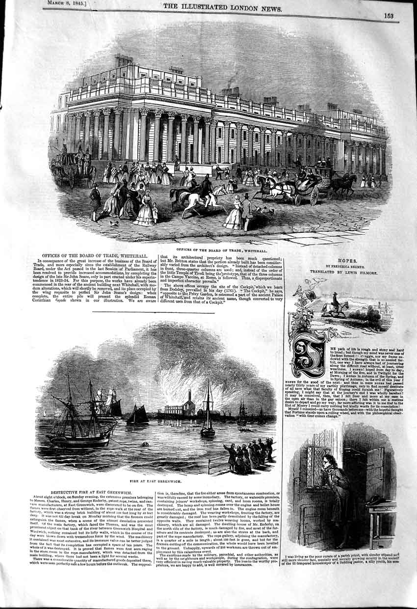 Original Old Antique Print 1845 Offices Board Whitehall Fire Greenwich Ships