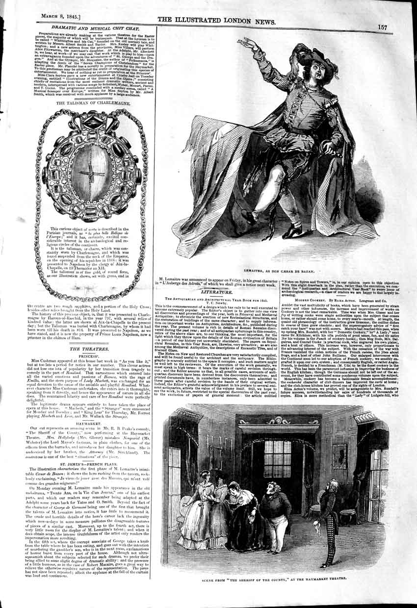 Original Old Antique Print 1845 Lemaitre Caesar Sheriff Bazan Haymarket Theatre