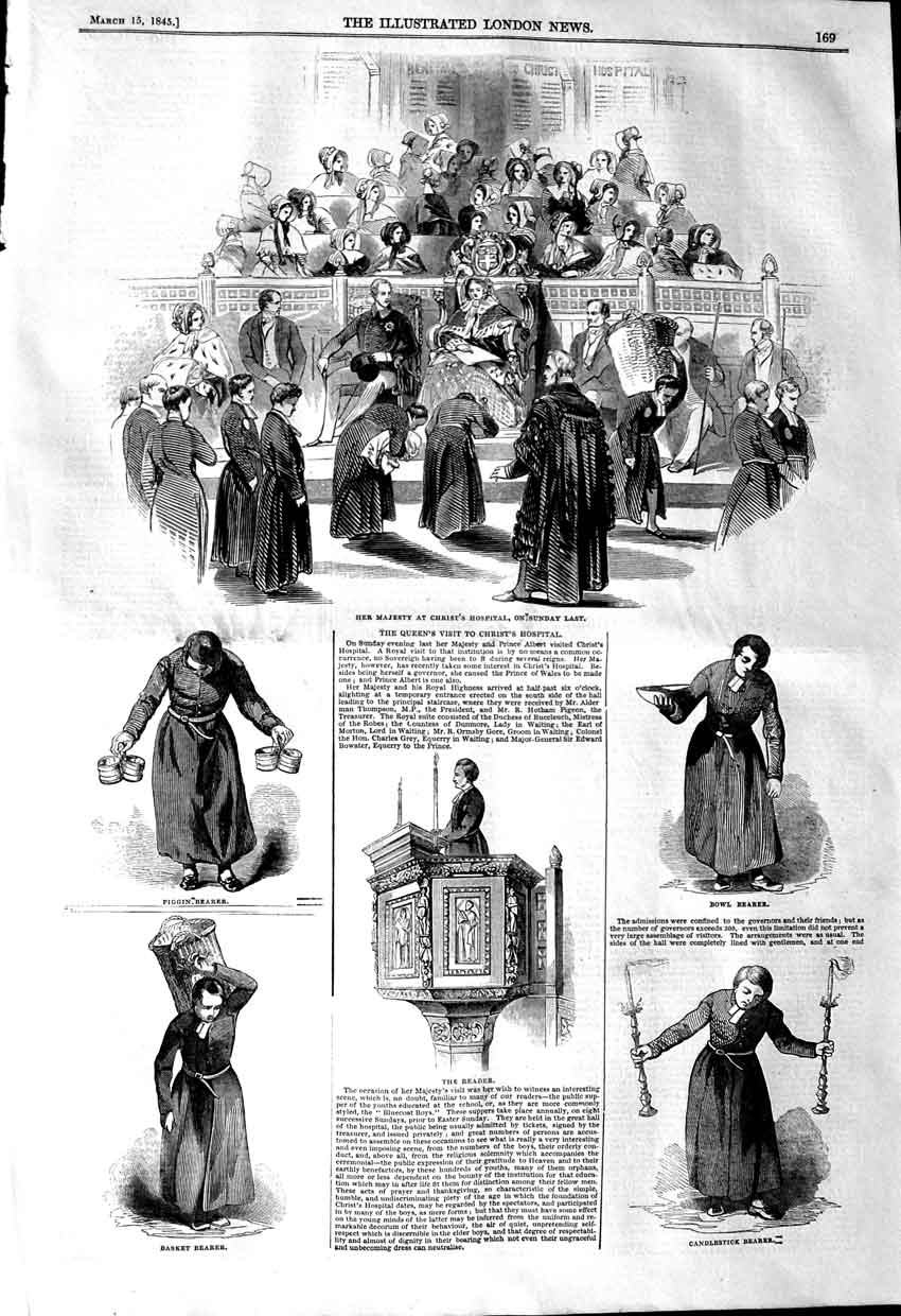 Old Antique Print 1845 Majesty Queen Christ Hospital Reader Bearer Bowl 19th