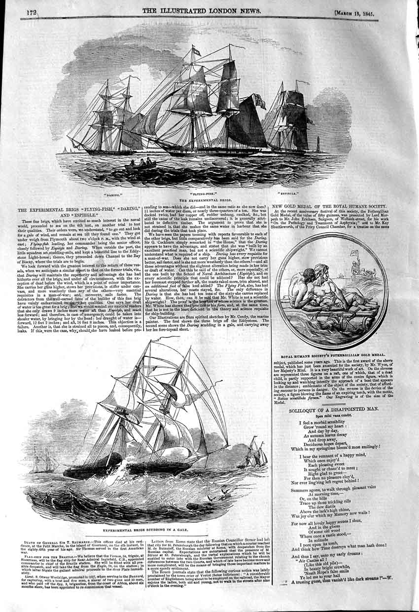 Original Old Antique Print 1845 Brigs Ships Daring Flying-Fish Fothergillia 19th