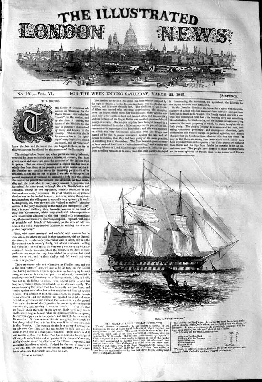Original Old Antique Print 1845 Queen Ship H.M.S. Collingwood 19th