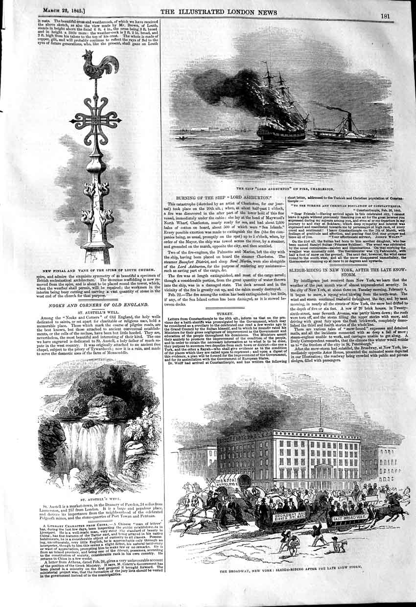 Old Antique Print 1845 Lord Ashburton Fire Charleston Broadway New York 19th
