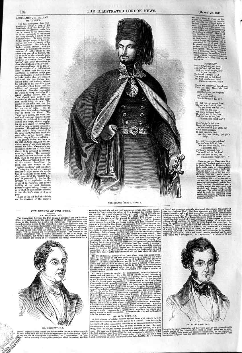 Original Old Antique Print 1845 Sultan Turkey Abu-L-Mejid Aglionby Hope P 19th