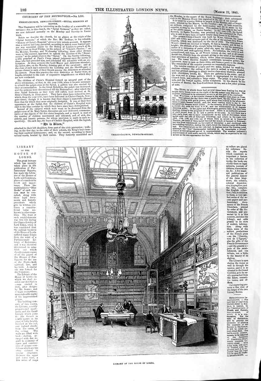 Old Antique Print 1845 Christ Church Newgate Street Library House Lords 19th