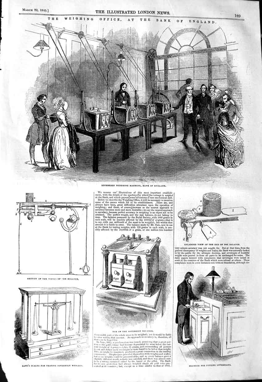 Original Old Antique Print 1845 Weighing Office Bank England Sovereign 19th