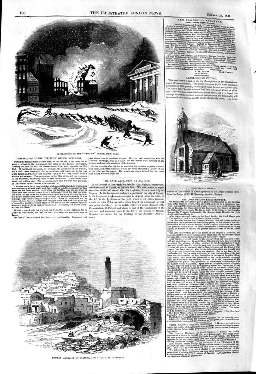 Old Antique Print 1845 Tribune Office New York Llanllechyd Church Algiers 19th
