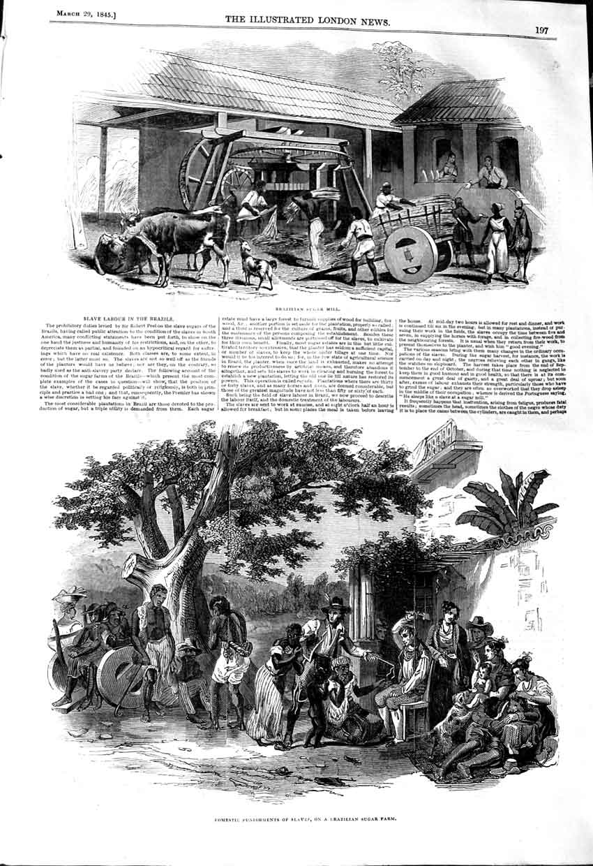 Old Antique Print 1845 Slave Labour Brazilian Sugar Mill Punishment Farm 19th