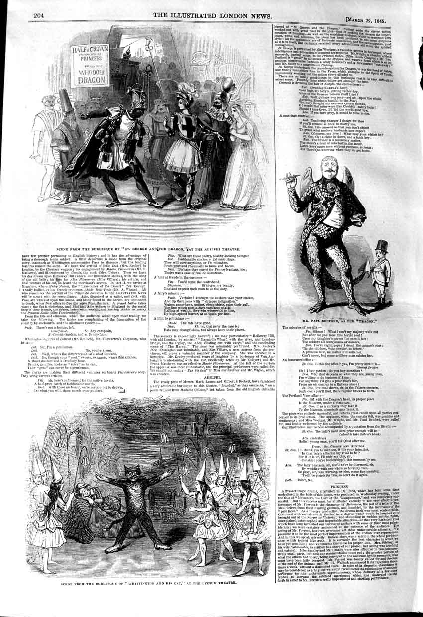 Original Old Antique Print 1845 Adelphi Theatre Paul Bedford Lyceum Whit 19th
