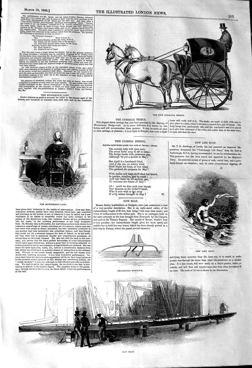 Original Old Antique Print 1845 Curricle Tribus Life Buoy New Boat Rowlock 19th