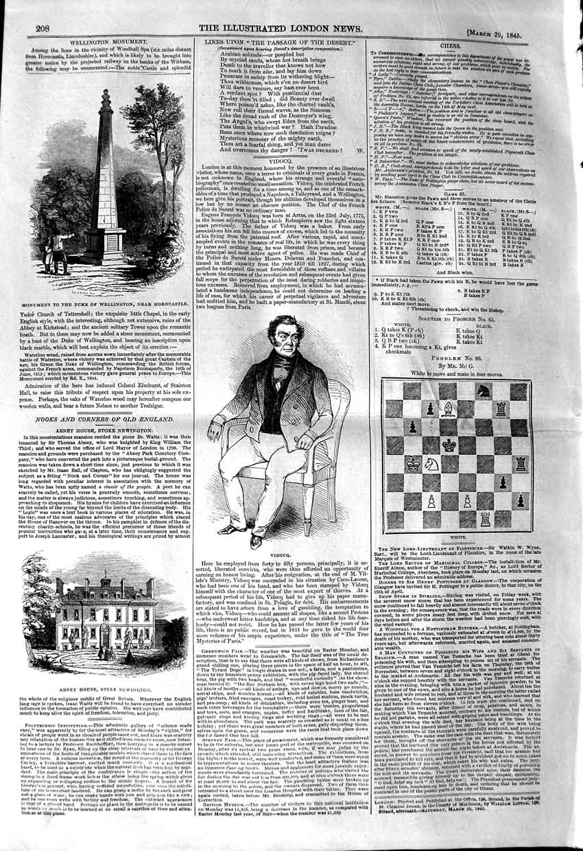 Original Old Antique Print 1845 Monument Duke Wellington Horncastle Vidoc 19th