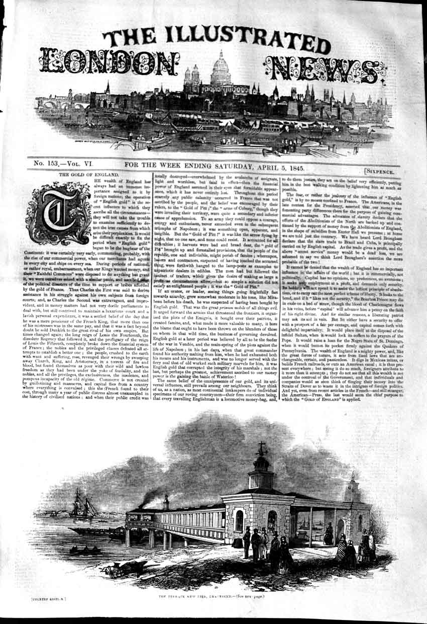 Original Old Antique Print 1845 Terrace New Pier Gravesend Ships 19th