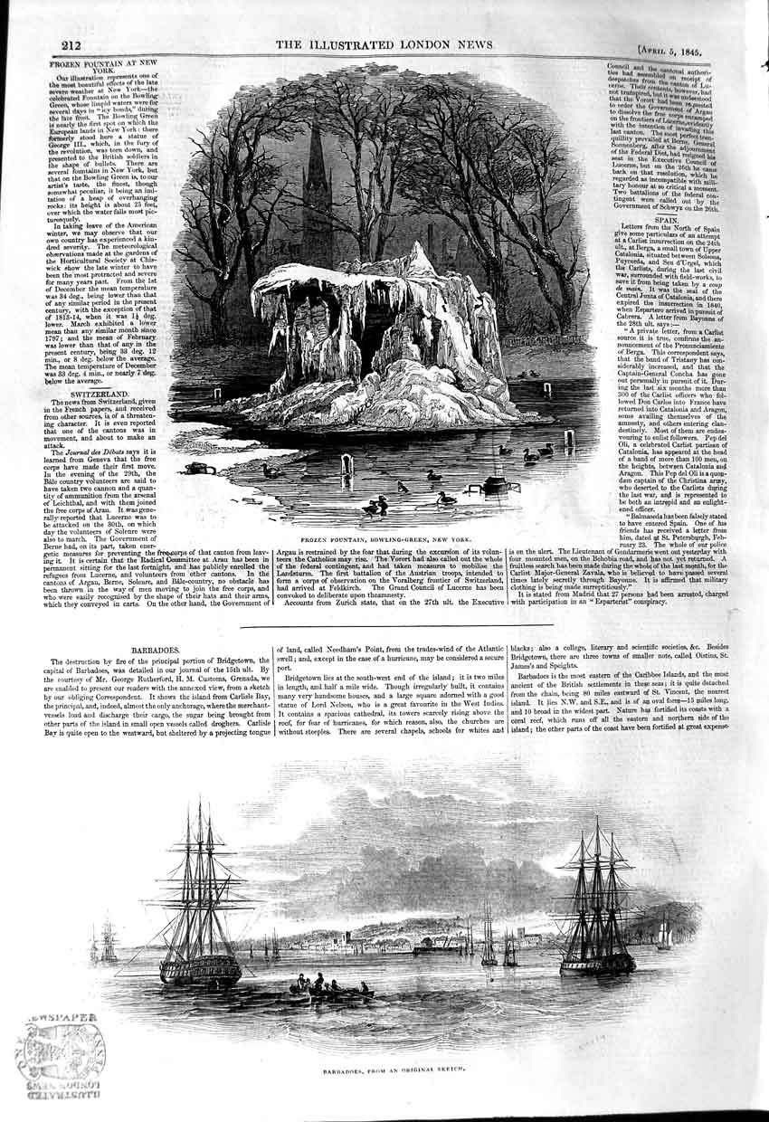 Old Antique Print 1845 Frozen Fountain Bowling Green New York Barbadoes 19th