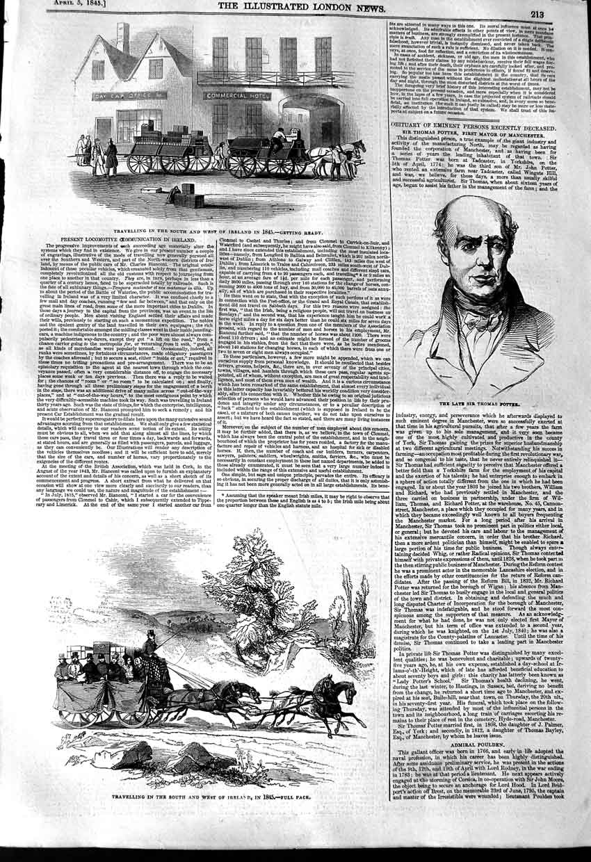 Old Antique Print 1845 Sir Thomas Potter Travelling Ireland Horses Coach 19th