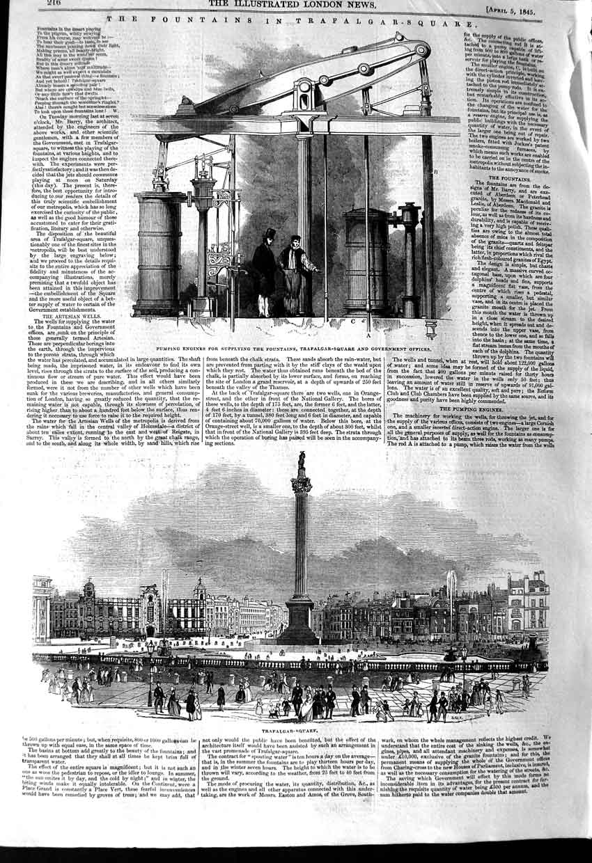 Original Old Antique Print 1845 Fountain Traflagar Square Pumping Engines 19th