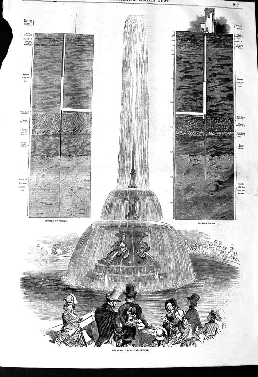 Original Old Antique Print 1845 Fountain Trafalgar Square London 19th