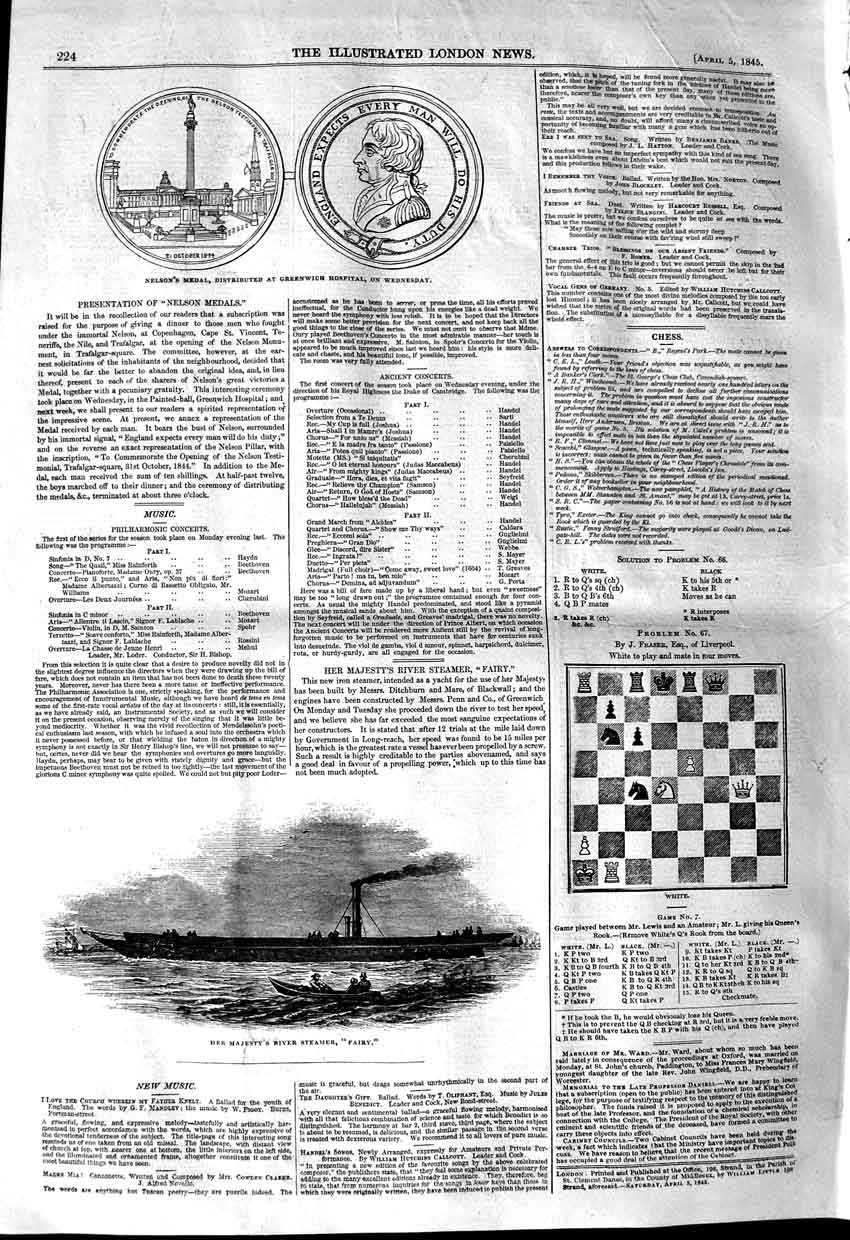Original Old Antique Print 1845 Queen River Steamer Fairy Nelson Medal Gr 19th