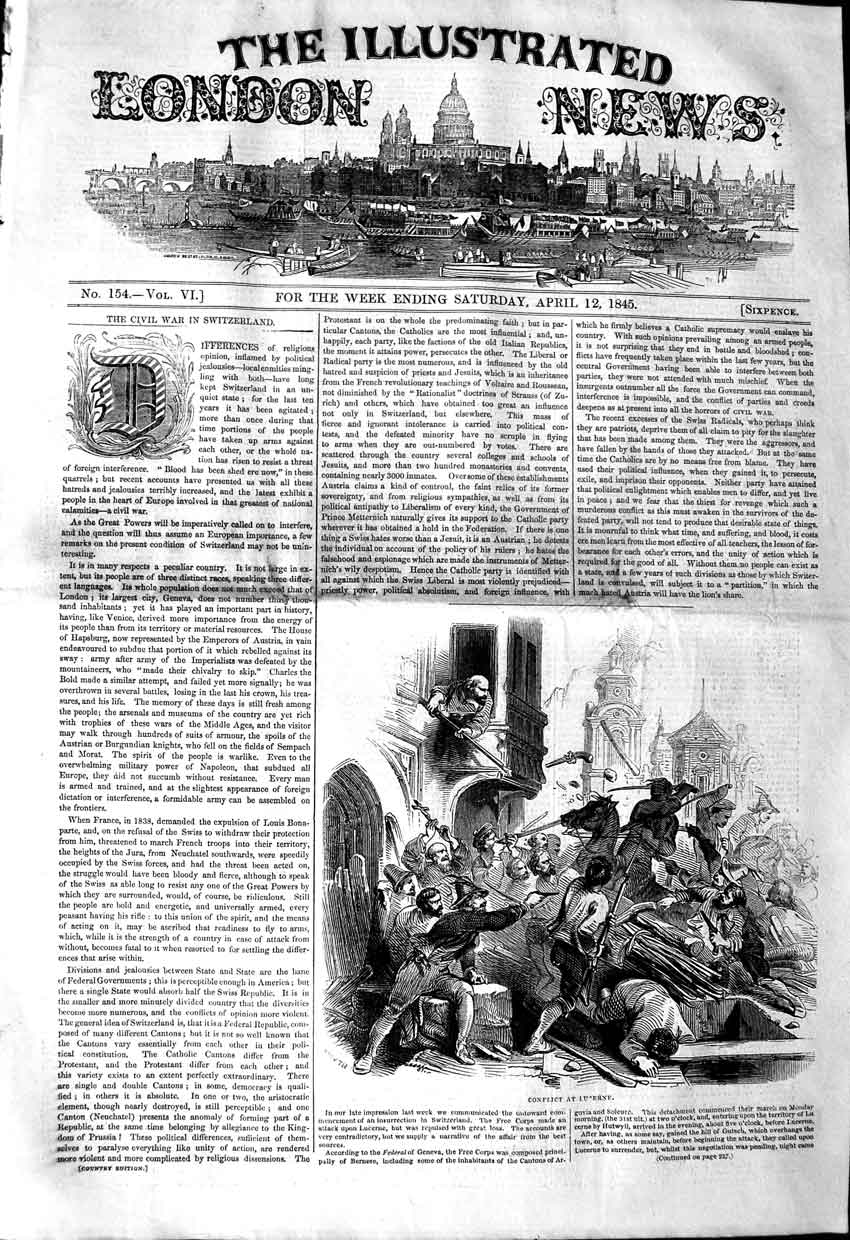 Original Old Antique Print 1845 View Conflict Lucerne Battle War 19th