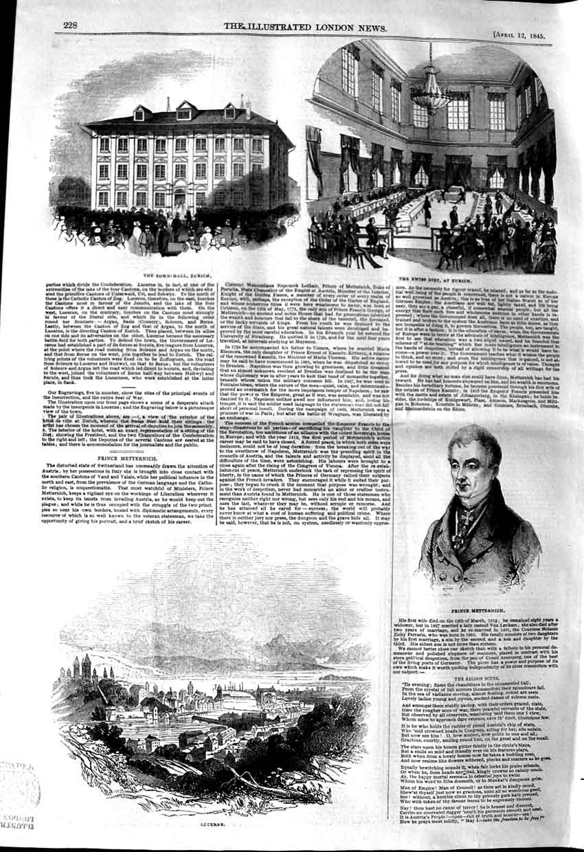 Original Old Antique Print 1845 Town Hall Zurich Prince Metternich View Lucerne