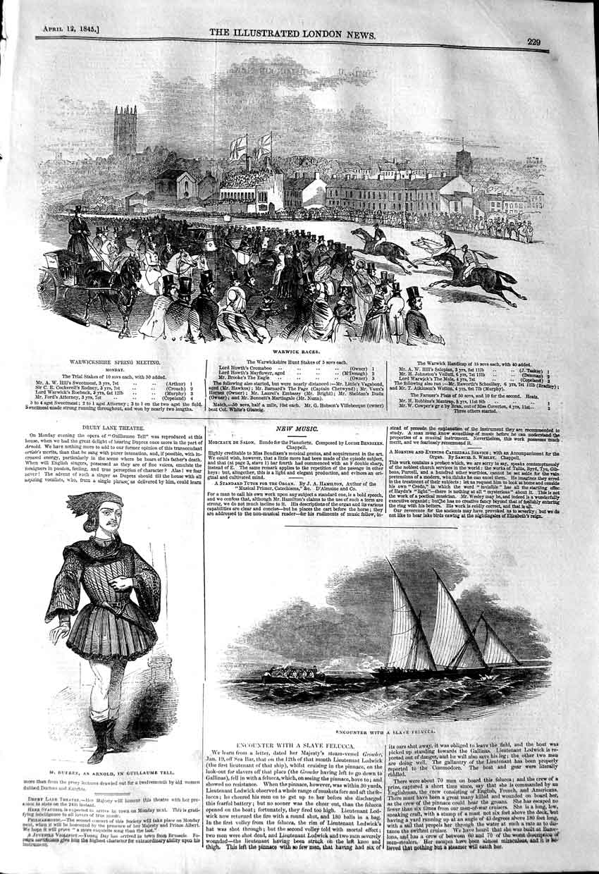 Old Antique Print 1845 Warwick Races Horses Duprez Theatre Slave Felucca 19th