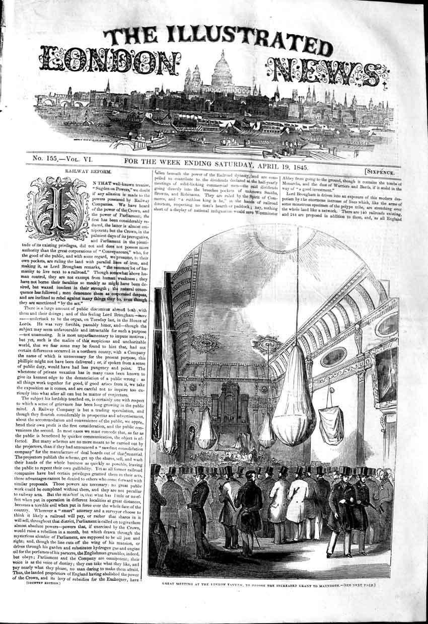 Original Old Antique Print 1845 Meeting London Tavern Increased Grant Maynooth
