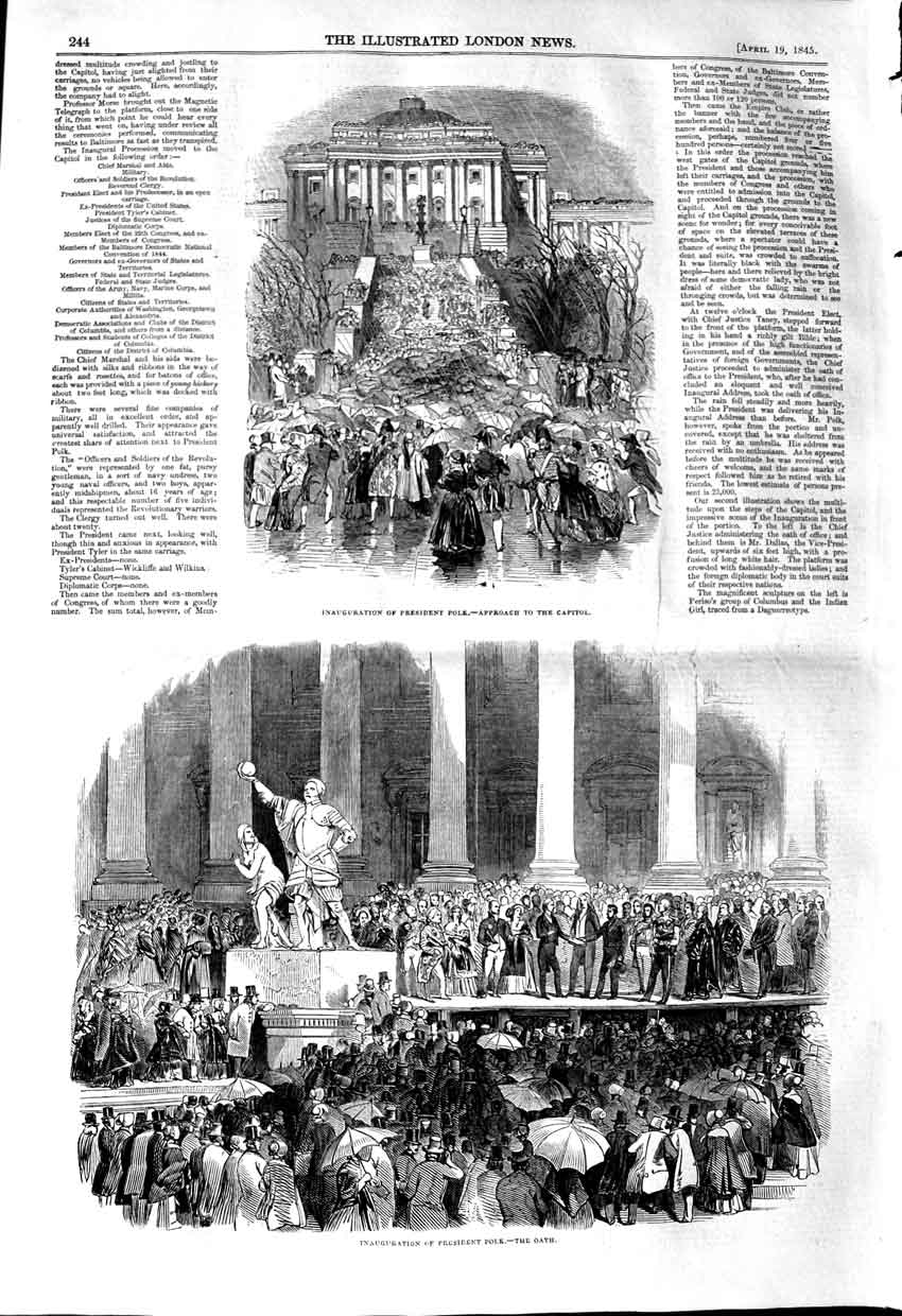 Original Old Antique Print 1845 Inauguration President Folk Oath Scene 19th