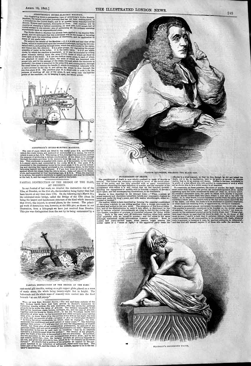 Original Old Antique Print 1845 Justice Coleridge Black Cap Flaxman Bridge Elre