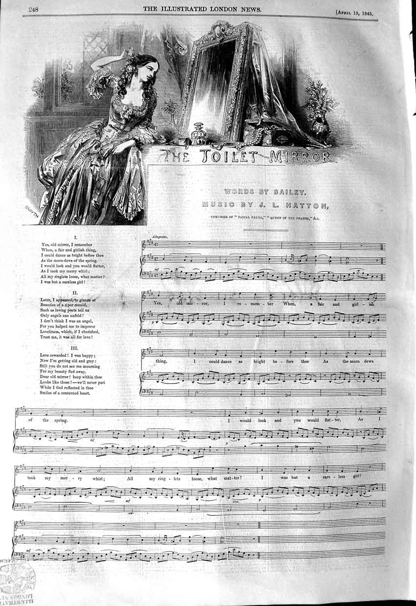 Old Antique Print 1845 Sheet Music Toilet Mirror Bailey Hatton Composer 19th