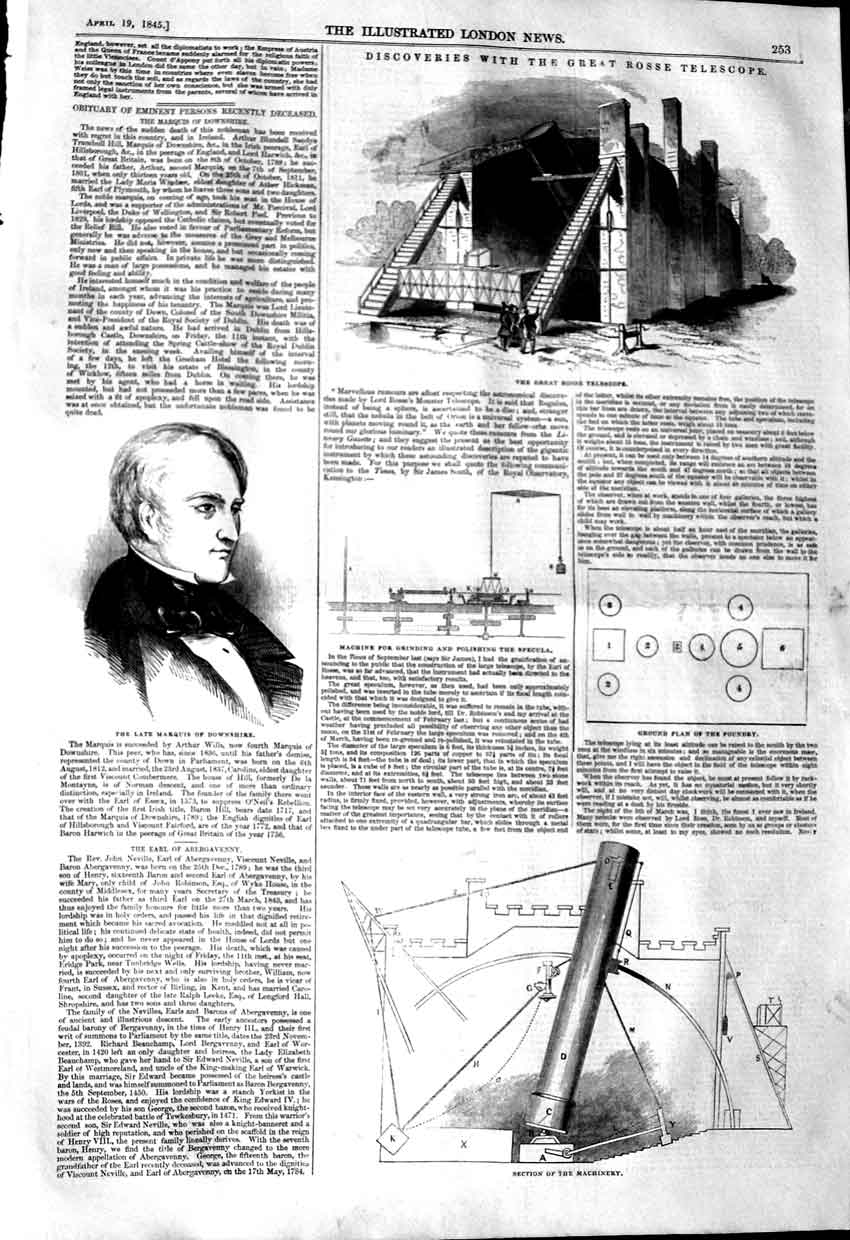 Original Old Antique Print 1845 Great Rosse Telescope Marquis Devonshire Ma 19th