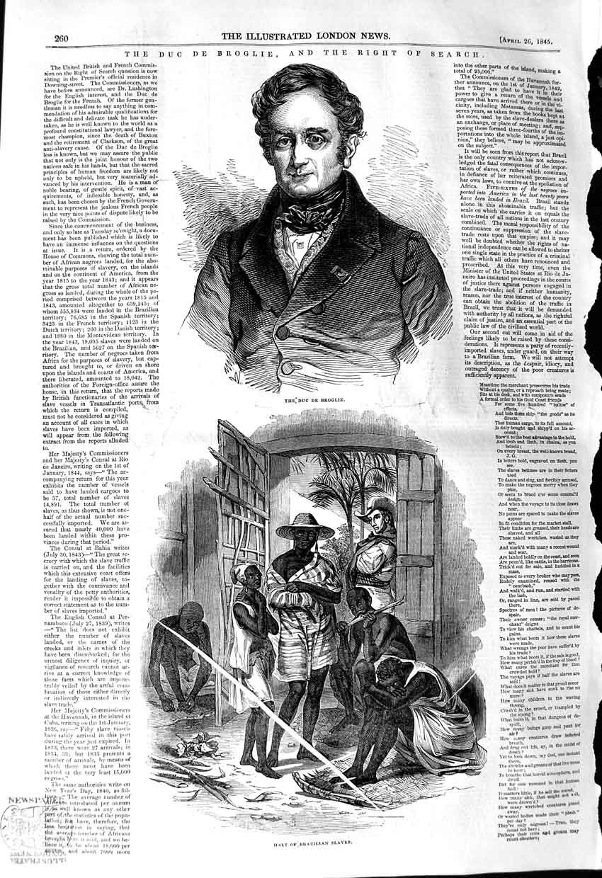 Original Old Antique Print 1845 Portrait Duc De Brogile Brazilian Slaves 19th