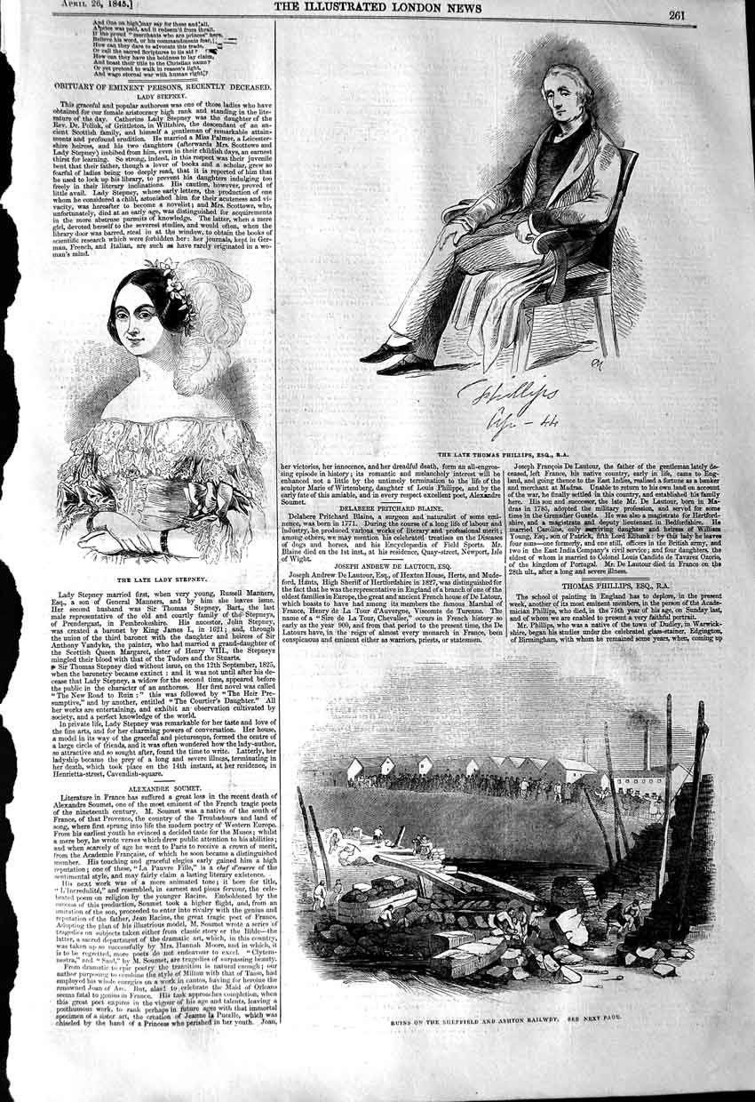 Old Antique Print 1845 Thomas Phillips Lady Stepney Ruins Ashton Railway 19th