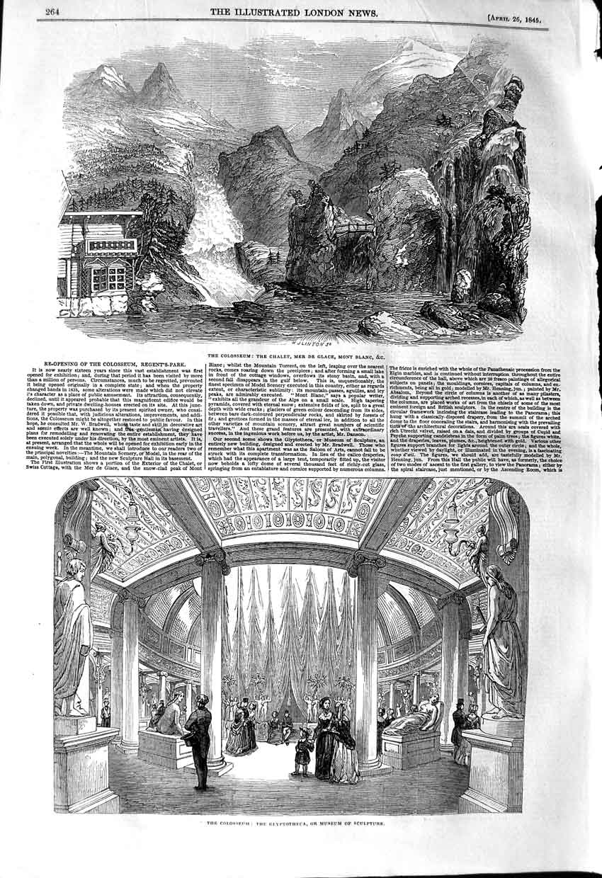 Old Antique Print 1845 Colosseum Chalet Glace Mont Blanc Sculpture Museum 19th