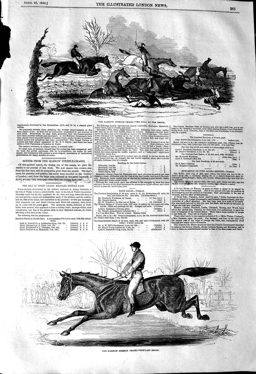 Original Old Antique Print 1845 Harrow Steeple Chase Horse Races Jocke Victorian