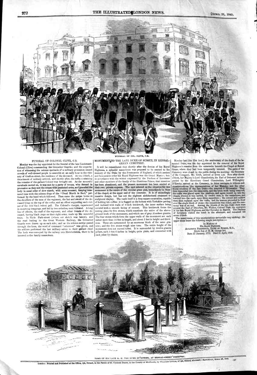 Original Old Antique Print 1845 Funeral Col. Clive Tomb Duke Sussex Kensa 19th