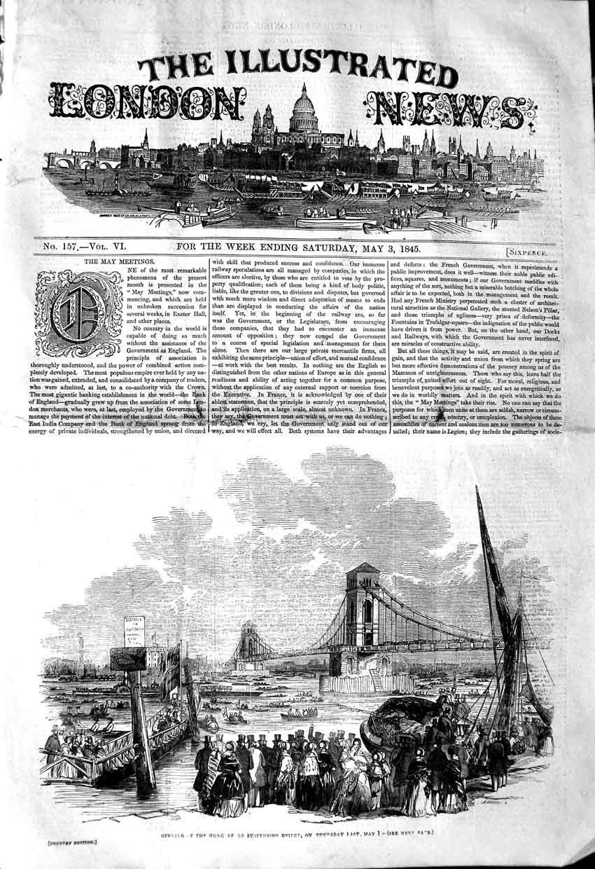 Old Antique Print 1845 Opening Hungerford Suspension Bridge River Boats 19th
