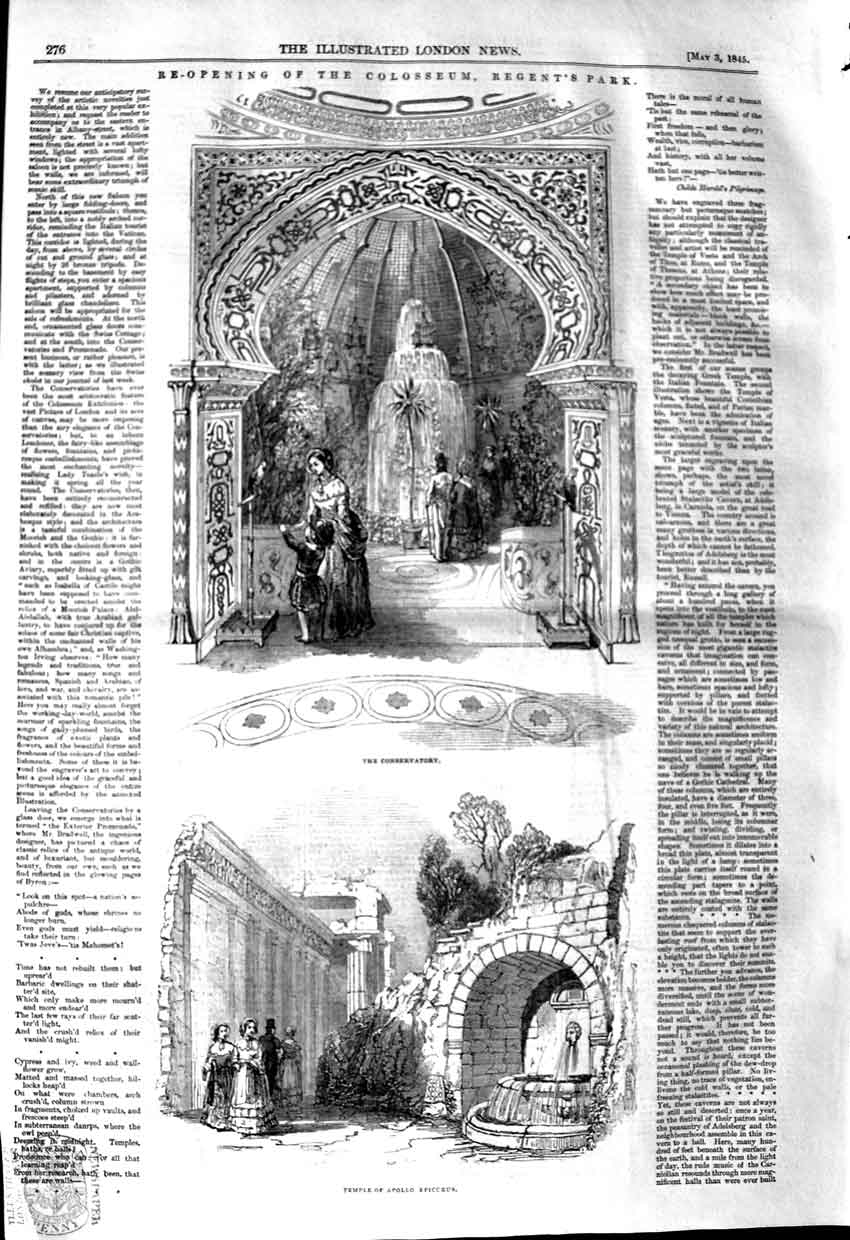 Old Antique Print 1845 Colosseum Regent'S Park Conservatory Appolo Temple 19th