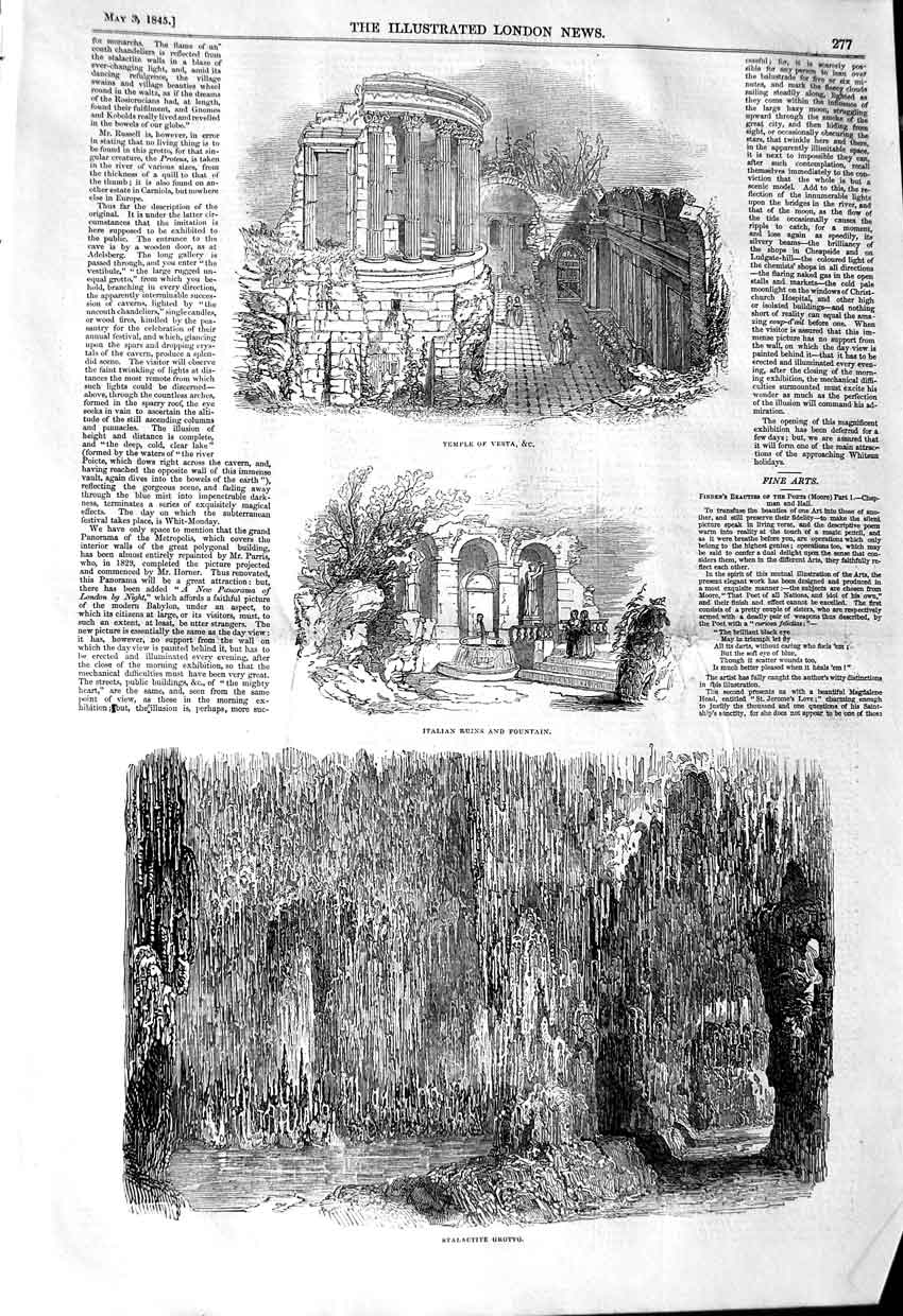 Original Old Antique Print 1845 Temple Vesta Italian Fountain Stalactite Grotto