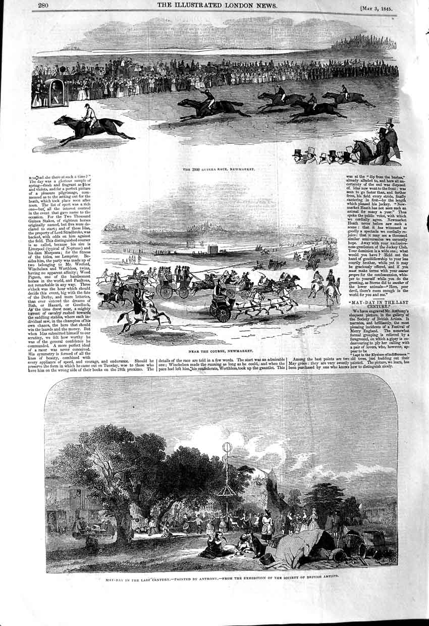 Original Old Antique Print 1845 Horse Racing Newmarket Sport May Day Scene 19th